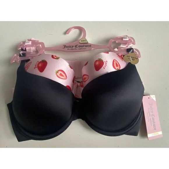 2 Pack Juicy Couture Bra SEXY Push Up JC6965 Strawberries Pink Black Sz 34C NEW - Picture 1 of 9